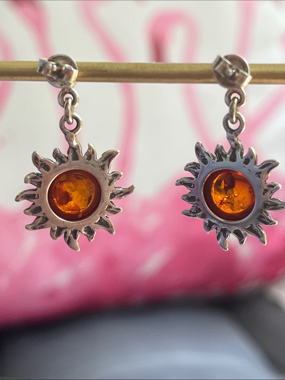 Sterling Silver Amber Sunburst Dangle Earrings - Picture 10 of 13